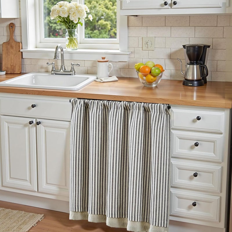 jinchan Double Layer Striped Linen Kitchen Tier Curtain Rustic Cafe for Living Room Bathroom Half Window Curtain Light Filtering Rod Pocket 1 Panel 36 Inch Charcoal Grey - Image 3